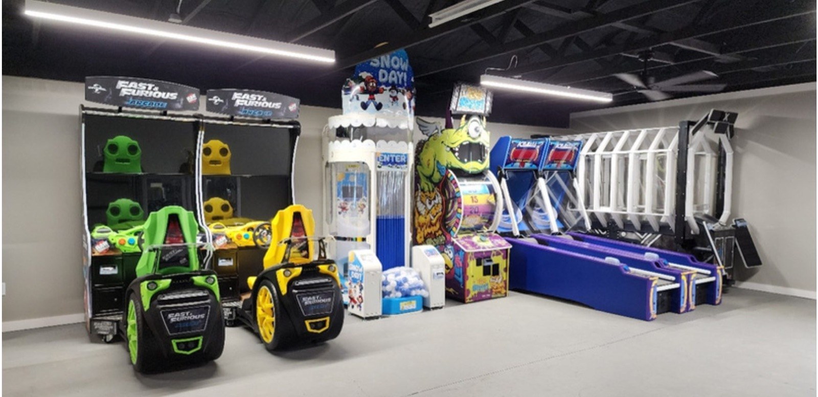 Finished arcade with racing games, skee-ball lanes and prize machines