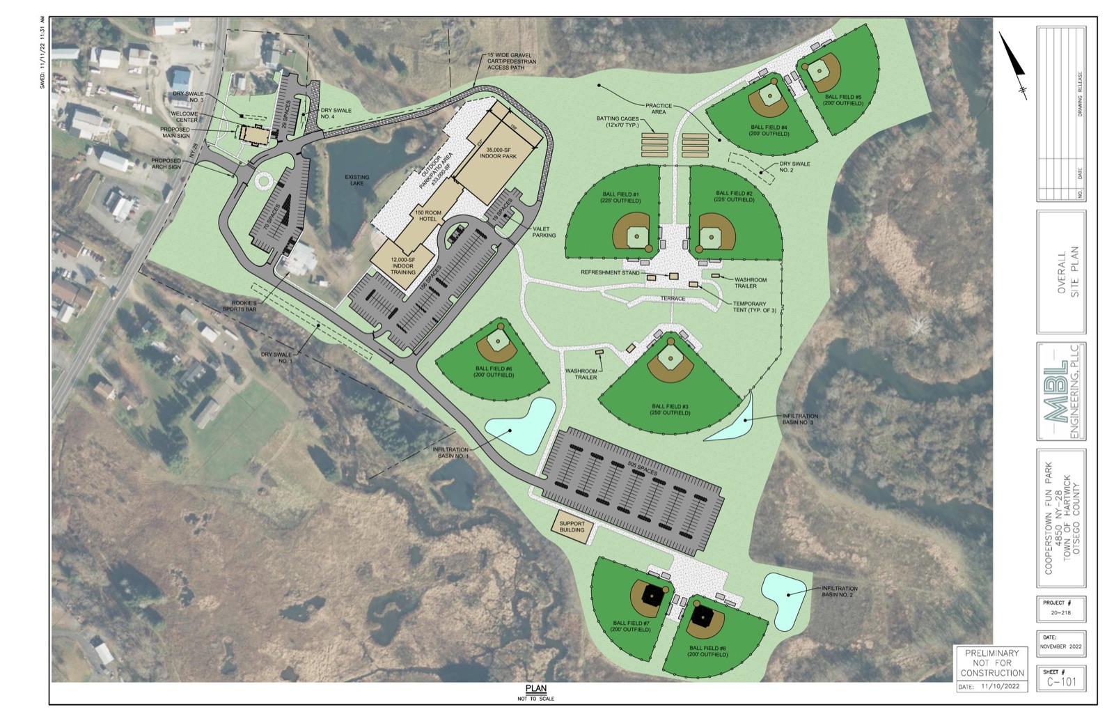 Master plan drawing of the full build-out, with eight ball fields, parking, the lodge and the existing buildings