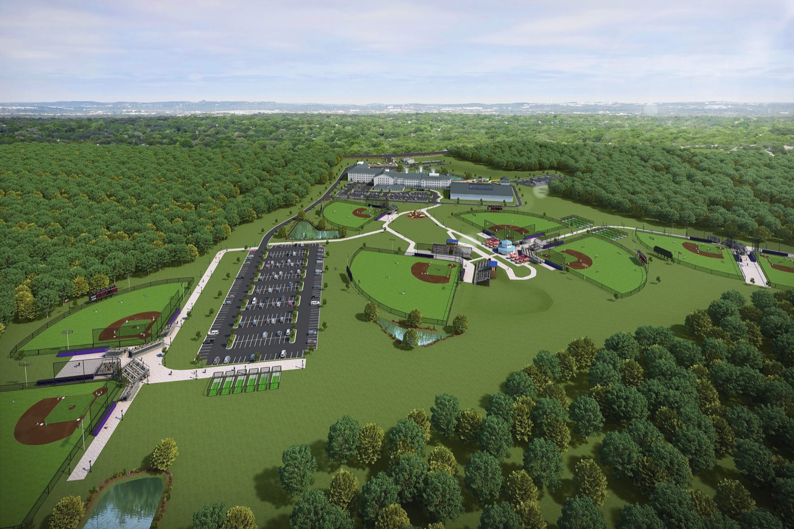 Concept rendering of the full Cooperstown Experience build-out: tournament fields, parking and the family lodge